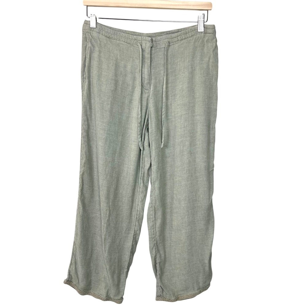J. Jill Women 4 Sage Green Linen Rayon Blend Cropped Wide Leg Pants Crochet Trim